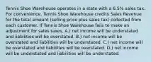 Tennis Shoe Warehouse operates in a state with a​ 6.5% sales tax. For​ convenience, Tennis Shoe Warehouse credits Sales Revenue for the total amount​ (selling price plus sales​ tax) collected from each customer. If Tennis Shoe Warehouse fails to make an adjustment for sales​ taxes, A.) net income will be understated and liabilities will be overstated. B.) net income will be overstated and liabilities will be understated. C.) net income will be overstated and liabilities will be overstated. D.) net income will be understated and liabilities will be understated.