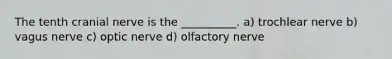 The tenth cranial nerve is the __________. a) trochlear nerve b) vagus nerve c) optic nerve d) olfactory nerve