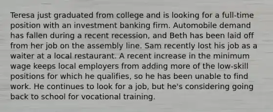 Teresa just graduated from college and is looking for a full-time position with an investment banking firm. Automobile demand has fallen during a recent recession, and Beth has been laid off from her job on the assembly line. Sam recently lost his job as a waiter at a local restaurant. A recent increase in the minimum wage keeps local employers from adding more of the low-skill positions for which he qualifies, so he has been unable to find work. He continues to look for a job, but he's considering going back to school for vocational training.