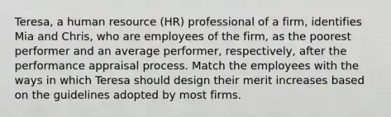 Teresa, a human resource (HR) professional of a firm, identifies Mia and Chris, who are employees of the firm, as the poorest performer and an average performer, respectively, after the performance appraisal process. Match the employees with the ways in which Teresa should design their merit increases based on the guidelines adopted by most firms.