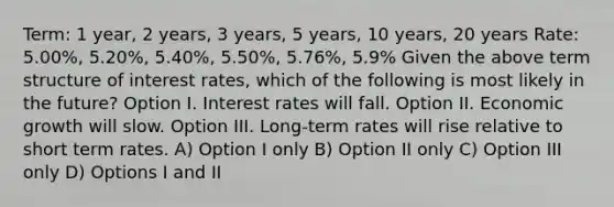 Term: 1 year, 2 years, 3 years, 5 years, 10 years, 20 years Rate: 5.00%, 5.20%, 5.40%, 5.50%, 5.76%, 5.9% Given the above term structure of interest rates, which of the following is most likely in the future? Option I. Interest rates will fall. Option II. Economic growth will slow. Option III. Long-term rates will rise relative to short term rates. A) Option I only B) Option II only C) Option III only D) Options I and II