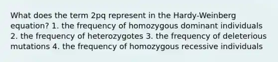 What does the term 2pq represent in the Hardy-Weinberg equation? 1. the frequency of homozygous dominant individuals 2. the frequency of heterozygotes 3. the frequency of deleterious mutations 4. the frequency of homozygous recessive individuals