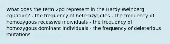 What does the term 2pq represent in the Hardy-Weinberg equation? - the frequency of heterozygotes - the frequency of homozygous recessive individuals - the frequency of homozygous dominant individuals - the frequency of deleterious mutations