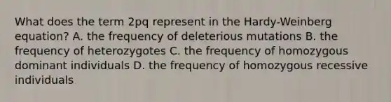 What does the term 2pq represent in the Hardy-Weinberg equation? A. the frequency of deleterious mutations B. the frequency of heterozygotes C. the frequency of homozygous dominant individuals D. the frequency of homozygous recessive individuals