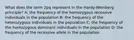 What does the term 2pq represent in the Hardy-Weinberg principle? A: the frequency of the homozygous recessive individuals in the population B: the frequency of the heterozygous individuals in the population C: the frequency of the homozygous dominant individuals in the population D: the frequency of the recessive allele in the population