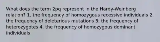 What does the term 2pq represent in the Hardy-Weinberg relation? 1. the frequency of homozygous recessive individuals 2. the frequency of deleterious mutations 3. the frequency of heterozygotes 4. the frequency of homozygous dominant individuals