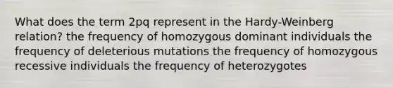 What does the term 2pq represent in the Hardy-Weinberg relation? the frequency of homozygous dominant individuals the frequency of deleterious mutations the frequency of homozygous recessive individuals the frequency of heterozygotes