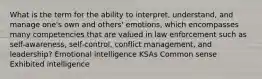 What is the term for the ability to interpret, understand, and manage one's own and others' emotions, which encompasses many competencies that are valued in law enforcement such as self-awareness, self-control, conflict management, and leadership? Emotional intelligence KSAs Common sense Exhibited intelligence