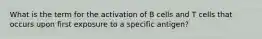 What is the term for the activation of B cells and T cells that occurs upon first exposure to a specific antigen?