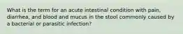 What is the term for an acute intestinal condition with​ pain, diarrhea, and blood and mucus in the stool commonly caused by a bacterial or parasitic​ infection?