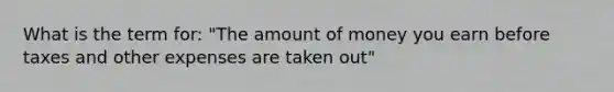 What is the term for: "The amount of money you earn before taxes and other expenses are taken out"