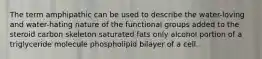 The term amphipathic can be used to describe the water-loving and water-hating nature of the functional groups added to the steroid carbon skeleton saturated fats only alcohol portion of a triglyceride molecule phospholipid bilayer of a cell.