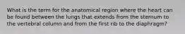 What is the term for the anatomical region where the heart can be found between the lungs that extends from the sternum to the vertebral column and from the first rib to the diaphragm?