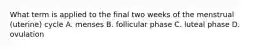 What term is applied to the final two weeks of the menstrual (uterine) cycle A. menses B. follicular phase C. luteal phase D. ovulation