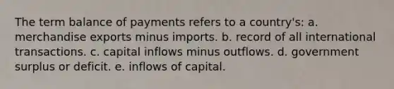 The term balance of payments refers to a country's: a. merchandise exports minus imports. b. record of all international transactions. c. capital inflows minus outflows. d. government surplus or deficit. e. inflows of capital.