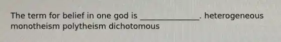 The term for belief in one god is _______________. heterogeneous monotheism polytheism dichotomous