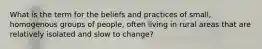 What is the term for the beliefs and practices of small, homogenous groups of people, often living in rural areas that are relatively isolated and slow to change?