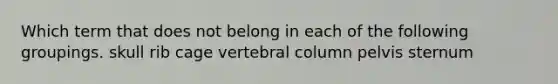 Which term that does not belong in each of the following groupings. skull rib cage vertebral column pelvis sternum