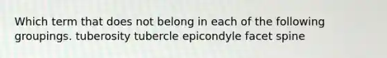 Which term that does not belong in each of the following groupings. tuberosity tubercle epicondyle facet spine