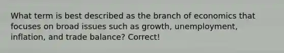 What term is best described as the branch of economics that focuses on broad issues such as growth, unemployment, inflation, and trade balance? Correct!