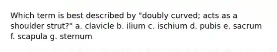 Which term is best described by "doubly curved; acts as a shoulder strut?" a. clavicle b. ilium c. ischium d. pubis e. sacrum f. scapula g. sternum