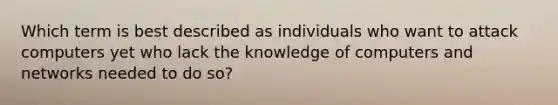 Which term is best described as individuals who want to attack computers yet who lack the knowledge of computers and networks needed to do so?