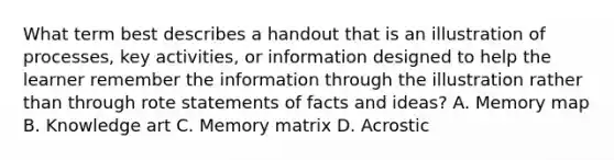 What term best describes a handout that is an illustration of processes, key activities, or information designed to help the learner remember the information through the illustration rather than through rote statements of facts and ideas? A. Memory map B. Knowledge art C. Memory matrix D. Acrostic