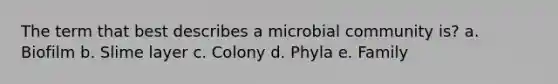 The term that best describes a microbial community is? a. Biofilm b. Slime layer c. Colony d. Phyla e. Family