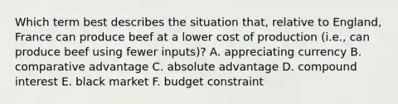 Which term best describes the situation that, relative to England, France can produce beef at a lower cost of production (i.e., can produce beef using fewer inputs)? A. appreciating currency B. comparative advantage C. absolute advantage D. compound interest E. black market F. budget constraint