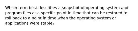 Which term best describes a snapshot of operating system and program files at a specific point in time that can be restored to roll back to a point in time when the operating system or applications were stable?