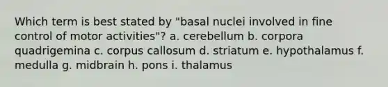 Which term is best stated by "basal nuclei involved in fine control of motor activities"? a. cerebellum b. corpora quadrigemina c. corpus callosum d. striatum e. hypothalamus f. medulla g. midbrain h. pons i. thalamus