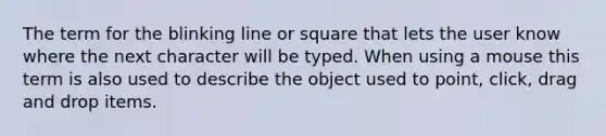 The term for the blinking line or square that lets the user know where the next character will be typed. When using a mouse this term is also used to describe the object used to point, click, drag and drop items.