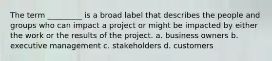 The term _________ is a broad label that describes the people and groups who can impact a project or might be impacted by either the work or the results of the project. a. business owners b. executive management c. stakeholders d. customers