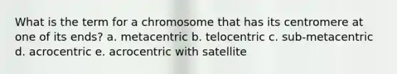 What is the term for a chromosome that has its centromere at one of its ends? a. metacentric b. telocentric c. sub-metacentric d. acrocentric e. acrocentric with satellite