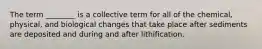 The term ________ is a collective term for all of the chemical, physical, and biological changes that take place after sediments are deposited and during and after lithification.