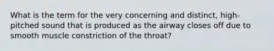 What is the term for the very concerning and distinct, high-pitched sound that is produced as the airway closes off due to smooth muscle constriction of the throat?