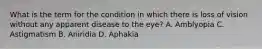 What is the term for the condition in which there is loss of vision without any apparent disease to the eye? A. Amblyopia C. Astigmatism B. Aniridia D. Aphakia