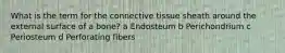 What is the term for the connective tissue sheath around the external surface of a bone? a Endosteum b Perichondrium c Periosteum d Perforating fibers