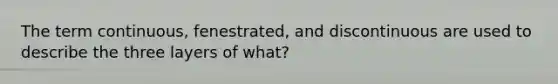 The term continuous, fenestrated, and discontinuous are used to describe the three layers of what?