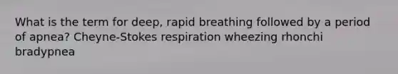 What is the term for deep, rapid breathing followed by a period of apnea? Cheyne-Stokes respiration wheezing rhonchi bradypnea