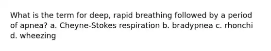 What is the term for deep, rapid breathing followed by a period of apnea? a. Cheyne-Stokes respiration b. bradypnea c. rhonchi d. wheezing