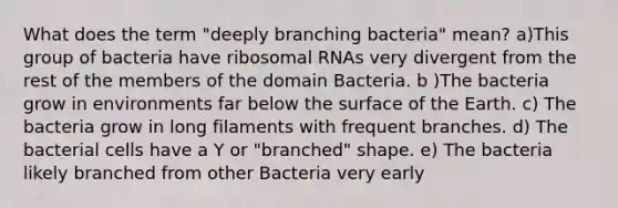 What does the term "deeply branching bacteria" mean? a)This group of bacteria have ribosomal RNAs very divergent from the rest of the members of the domain Bacteria. b )The bacteria grow in environments far below the surface of the Earth. c) The bacteria grow in long filaments with frequent branches. d) The bacterial cells have a Y or "branched" shape. e) The bacteria likely branched from other Bacteria very early