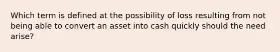 Which term is defined at the possibility of loss resulting from not being able to convert an asset into cash quickly should the need arise?