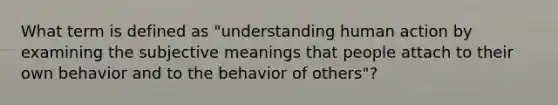 What term is defined as "understanding human action by examining the subjective meanings that people attach to their own behavior and to the behavior of others"?