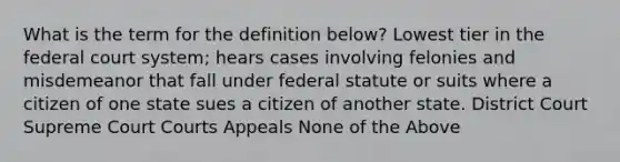 What is the term for the definition below? Lowest tier in the federal court system; hears cases involving felonies and misdemeanor that fall under federal statute or suits where a citizen of one state sues a citizen of another state. District Court Supreme Court Courts Appeals None of the Above