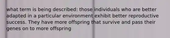 what term is being described: those individuals who are better adapted in a particular environment exhibit better reproductive success. They have more offspring that survive and pass their genes on to more offspring