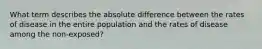 What term describes the absolute difference between the rates of disease in the entire population and the rates of disease among the non-exposed?