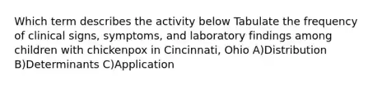 Which term describes the activity below Tabulate the frequency of clinical signs, symptoms, and laboratory findings among children with chickenpox in Cincinnati, Ohio A)Distribution B)Determinants C)Application