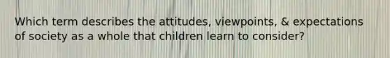 Which term describes the attitudes, viewpoints, & expectations of society as a whole that children learn to consider?