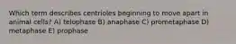 Which term describes centrioles beginning to move apart in animal cells? A) telophase B) anaphase C) prometaphase D) metaphase E) prophase